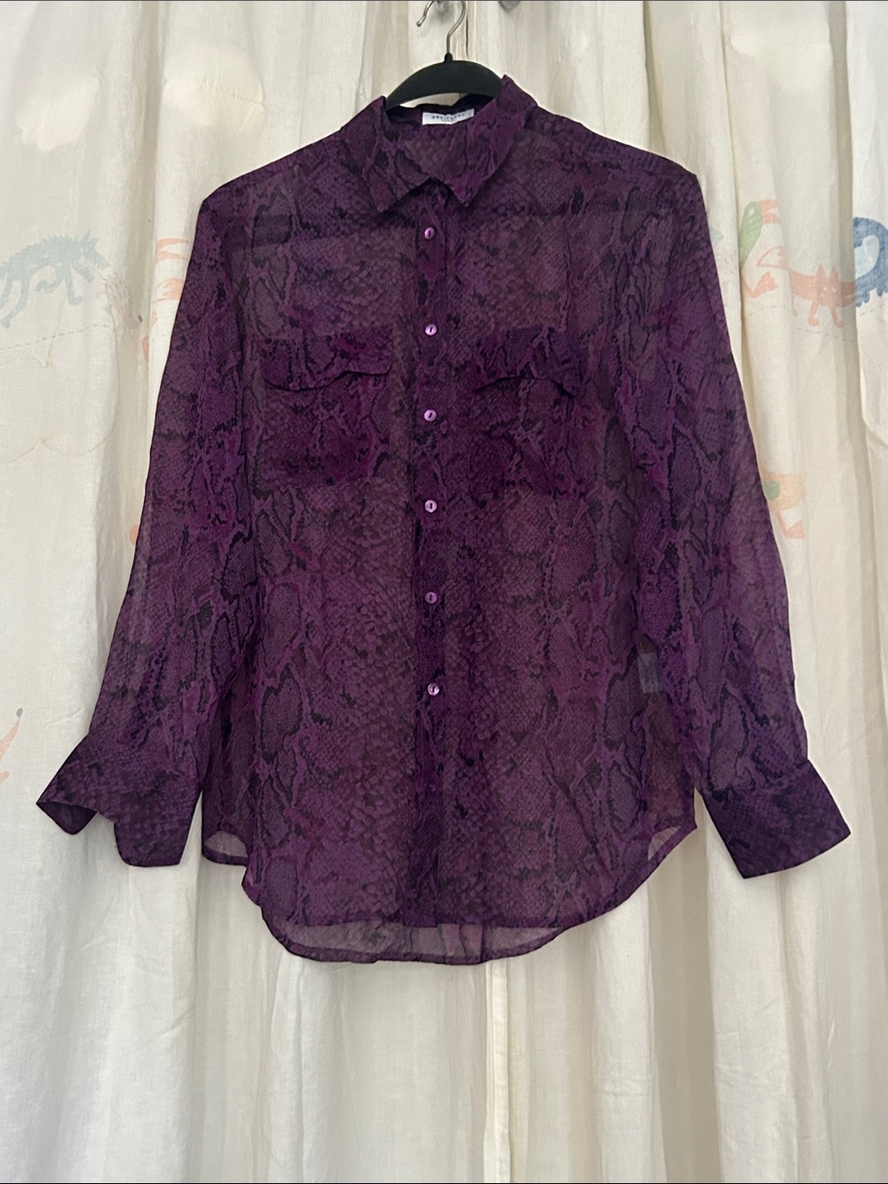 Equipment Purple Sheer Snake-Print Button-Up Blouse Silk Button Down Shirt M